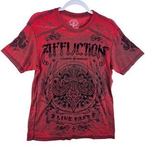 Affliction Live Fast Graphic T-Shirt Men Medium Red Black Burnout MMA Y2K Gothic